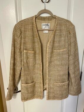 Authentic CHANEL Vintage 03P Beige Tweed Open Front Jacket Blazer FR 48 US 14